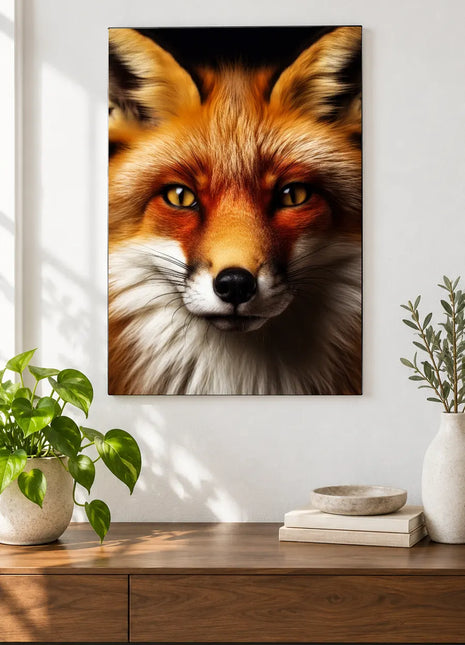 Fox artwork "Foxy and Focused" shown as a frameless acrylic print above a walnut console against a white wall.