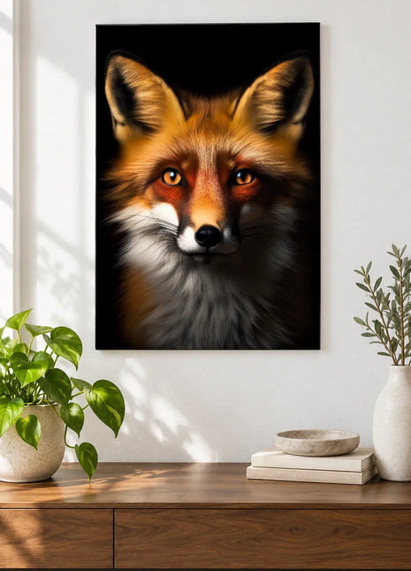 Fox artwork "A Fox in Fine Form" shown as a frameless acrylic print above a walnut console against a white wall.