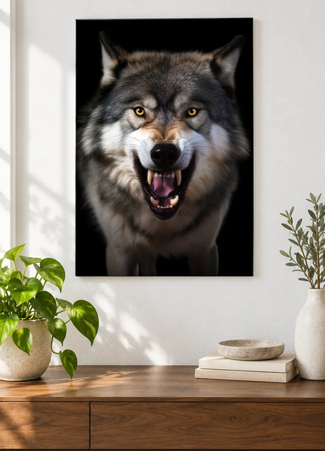 Wolf artwork "The Wolf Has Spoken" shown as a frameless acrylic print above a walnut console against a white wall.