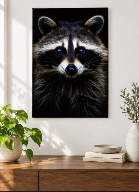 Raccoon artwork "Behind the Mask" shown as a frameless acrylic print above a walnut console against a white wall.