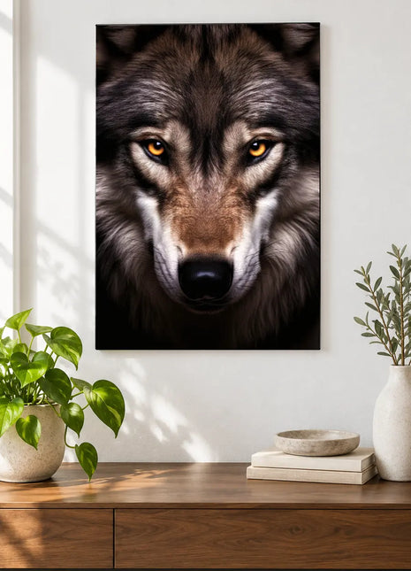 Wolf artwork "Nose to Nose with a Wolf" shown as a frameless acrylic print above a walnut console against a white wall.