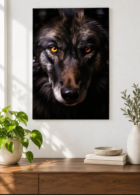 Wolf artwork "Eyes in the Dark" shown as a frameless acrylic print above a walnut console against a white wall.