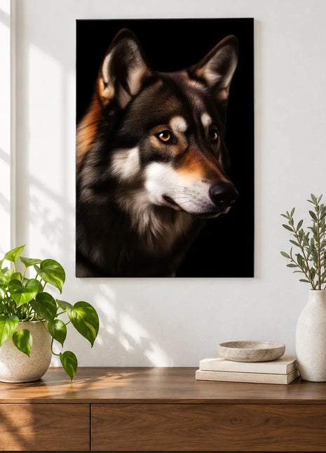 Wolf artwork "A Wolf's Better Side" shown as a frameless acrylic print above a walnut console against a white wall.