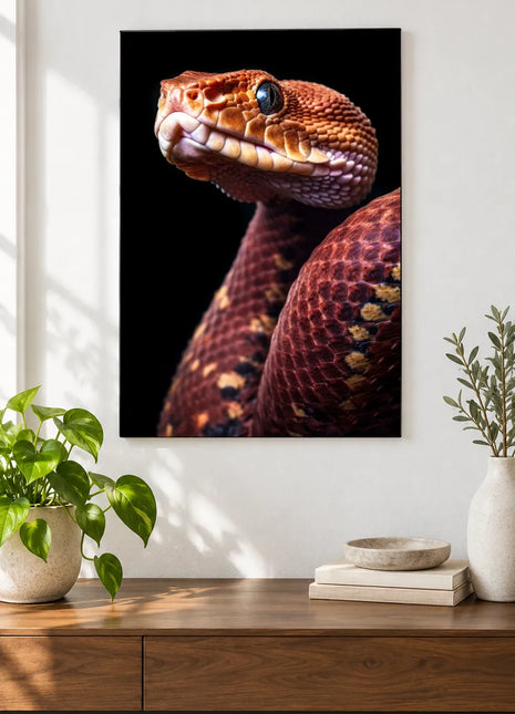 Snake artwork "Scale Model" shown as a frameless acrylic print above a walnut console against a white wall.