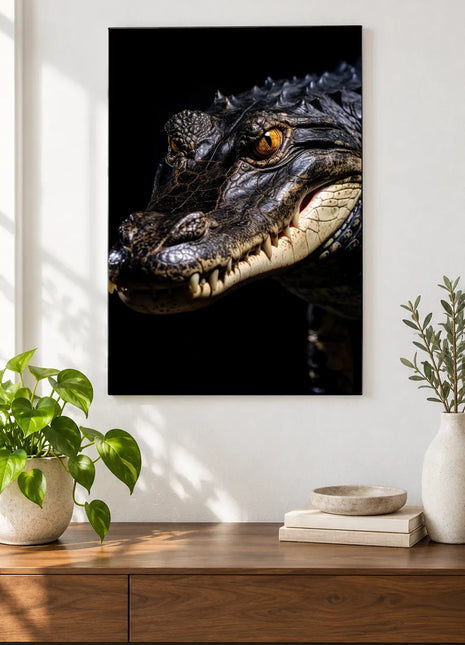 Crocodilian artwork "A Grin in Armor" shown as a frameless acrylic print above a walnut console against a white wall.