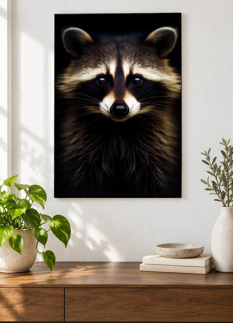 Raccoon artwork "Masked and Curious" shown as a frameless acrylic print above a walnut console against a white wall.