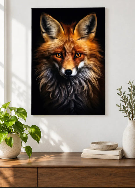 Fox artwork "Fox with a Flourish" shown as a frameless acrylic print above a walnut console against a white wall.