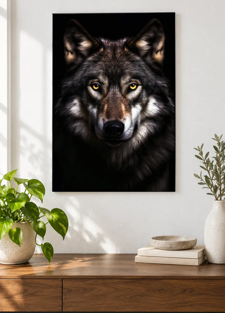 Wolf artwork "The Silver Ruffian" shown as a frameless acrylic print above a walnut console against a white wall.