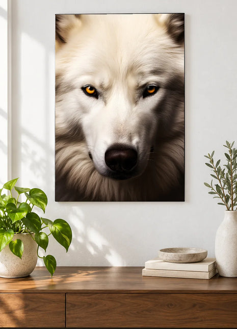 Wolf artwork "Up Close and Snowy" shown as a frameless acrylic print above a walnut console against a white wall.