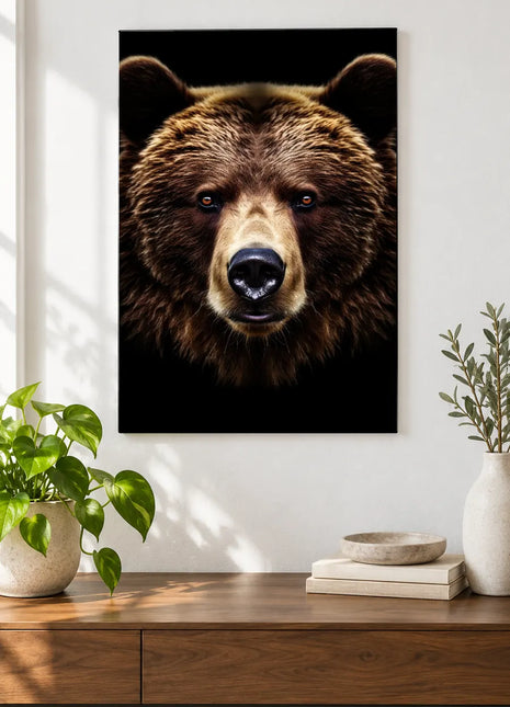 Bear artwork "Bear with Me" shown as a frameless acrylic print above a walnut console against a white wall.