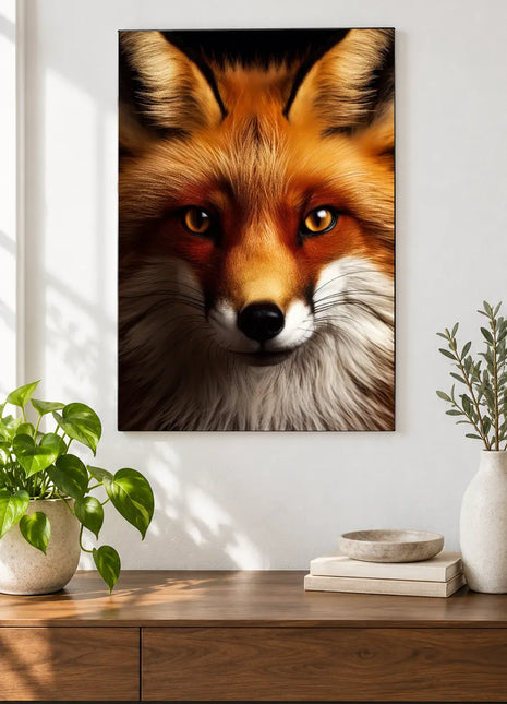 Fox artwork "Fox in Full Focus" shown as a frameless acrylic print above a walnut console against a white wall.