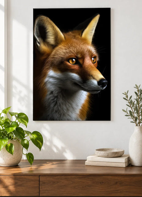 Fox artwork "Sly on the Side" shown as a frameless acrylic print above a walnut console against a white wall.