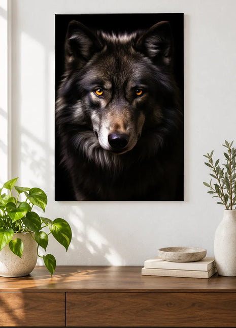 Wolf artwork "Quietly Wolfish" shown as a frameless acrylic print above a walnut console against a white wall.