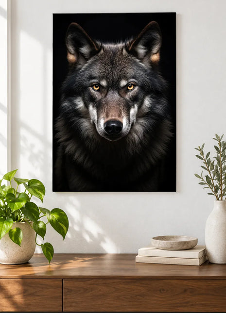 Wolf artwork "Ruff Around the Edges" shown as a frameless acrylic print above a walnut console against a white wall.