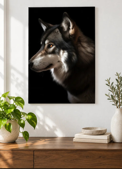 Wolf artwork "Profile of a Prowler" shown as a frameless acrylic print above a walnut console against a white wall.