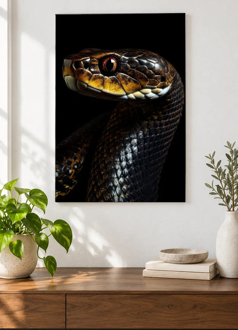 Snake artwork "Bronze with a Bite" shown as a frameless acrylic print above a walnut console against a white wall.