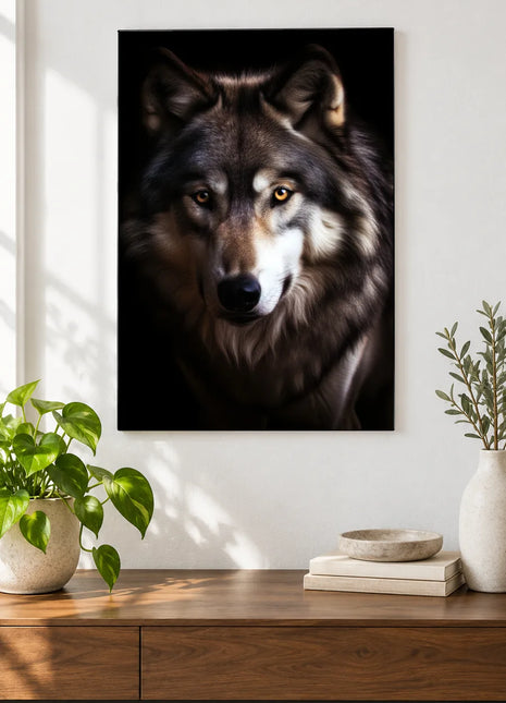 Wolf artwork "A Curious Tilt" shown as a frameless acrylic print above a walnut console against a white wall.