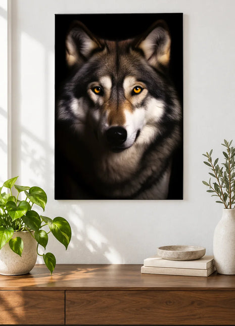 Wolf artwork "Bright-Eyed and Wolfish" shown as a frameless acrylic print above a walnut console against a white wall.