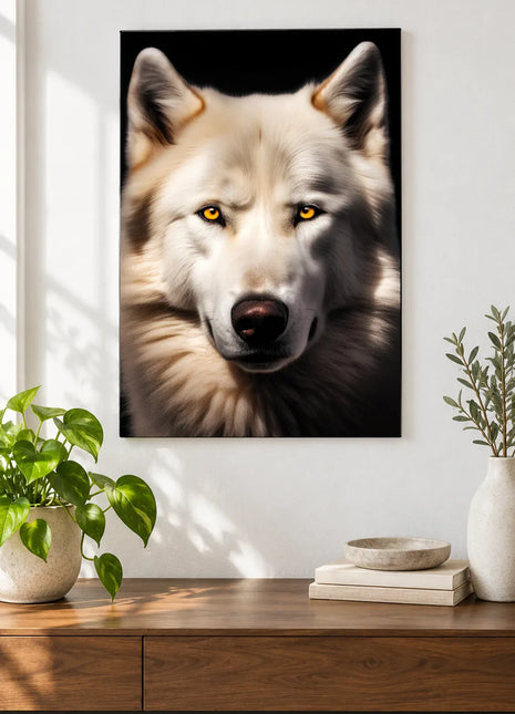 Wolf artwork "Cream of the Pack" shown as a frameless acrylic print above a walnut console against a white wall.