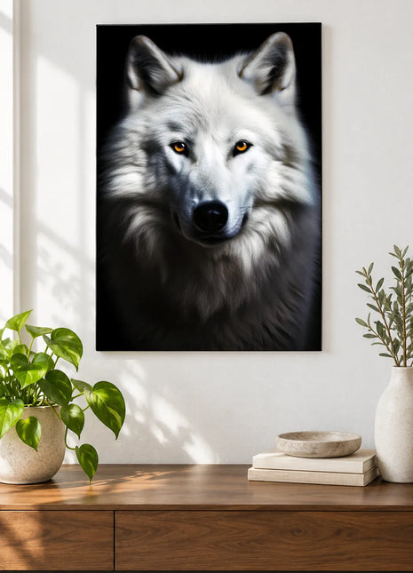 Wolf artwork "Snow Collar" shown as a frameless acrylic print above a walnut console against a white wall.