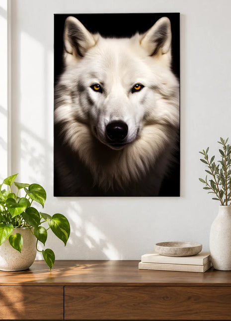 Wolf artwork "White Wolf, Soft Landing" shown as a frameless acrylic print above a walnut console against a white wall.