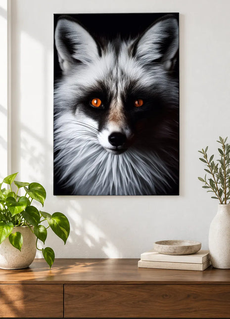 Fox artwork "Silver Fox, Copper Stare" shown as a frameless acrylic print above a walnut console against a white wall.
