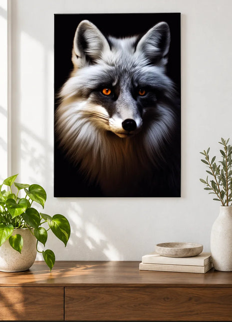 Fox artwork "A Foxy Turn" shown as a frameless acrylic print above a walnut console against a white wall.