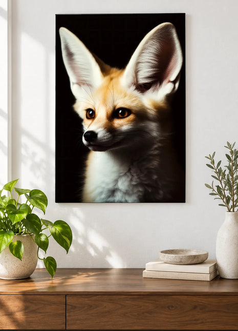 Fox artwork "Ears for Days" shown as a frameless acrylic print above a walnut console against a white wall.