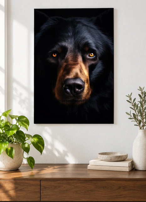 Bear artwork "The Bear Necessities" shown as a frameless acrylic print above a walnut console against a white wall.