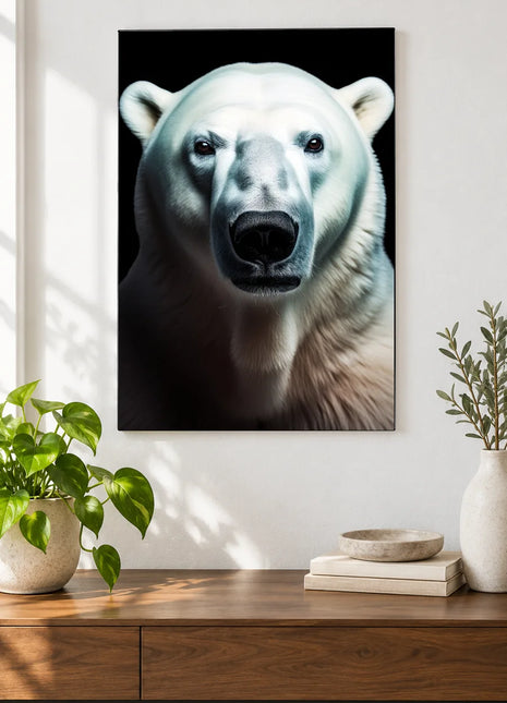 Bear artwork "Polar Opposites" shown as a frameless acrylic print above a walnut console against a white wall.