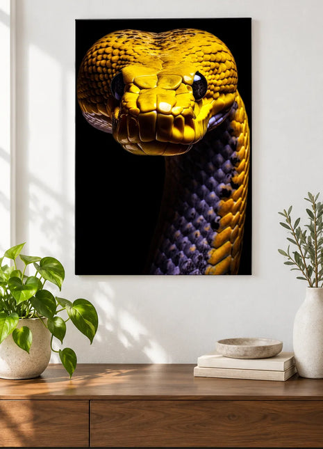 Snake artwork "The Golden Scale Standard" shown as a frameless acrylic print above a walnut console against a white wall.