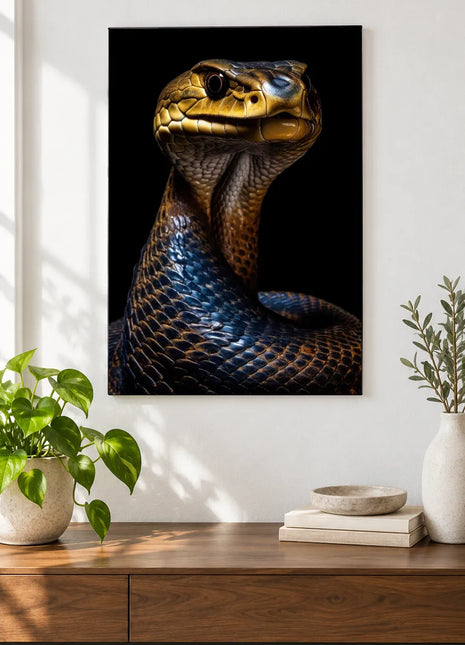 Snake artwork "S Is for Scales" shown as a frameless acrylic print above a walnut console against a white wall.