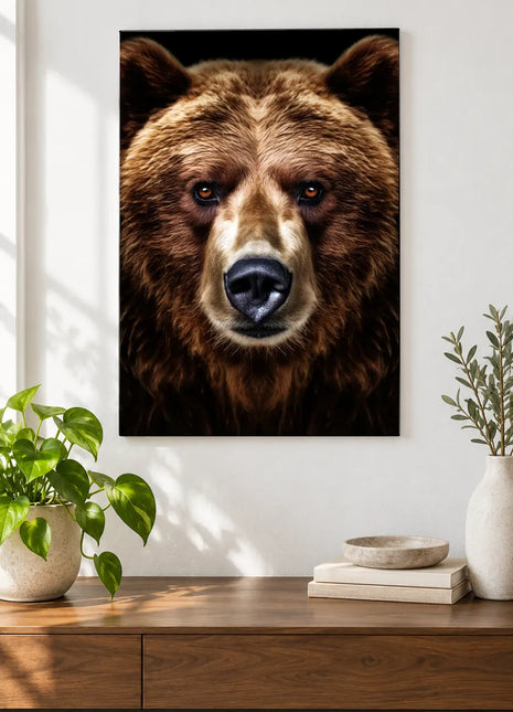 Bear artwork "A Bear's Best Face" shown as a frameless acrylic print above a walnut console against a white wall.