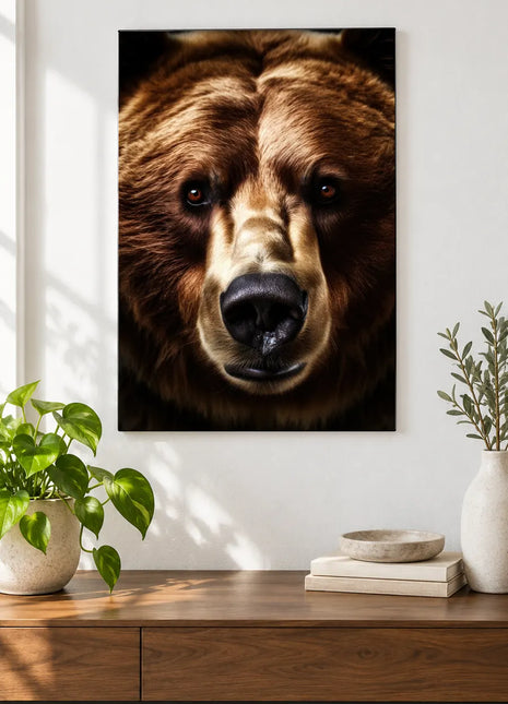 Bear artwork "Fuzz Worth Facing" shown as a frameless acrylic print above a walnut console against a white wall.