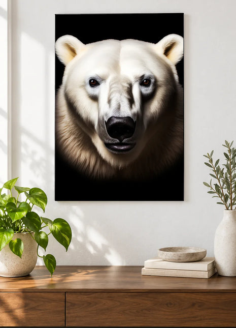 Bear artwork "Ivory Bear Hug" shown as a frameless acrylic print above a walnut console against a white wall.