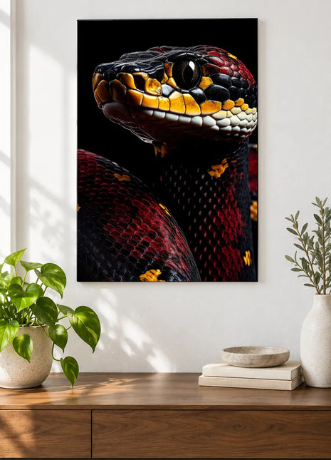 Snake artwork "Red, Black and Ready" shown as a frameless acrylic print above a walnut console against a white wall.