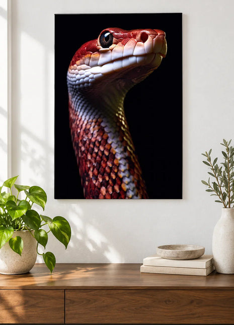 Snake artwork "Pearls and Scales" shown as a frameless acrylic print above a walnut console against a white wall.