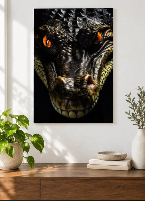 Crocodilian artwork "Armor, Eyes and Attitude" shown as a frameless acrylic print above a walnut console against a white wall.