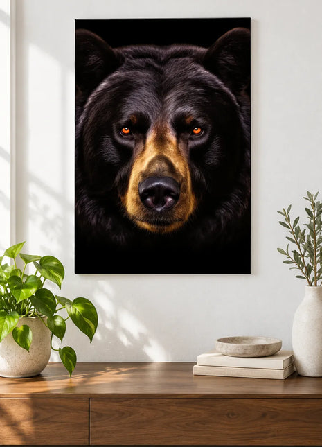 Bear artwork "A Bear in Black Tie" shown as a frameless acrylic print above a walnut console against a white wall.