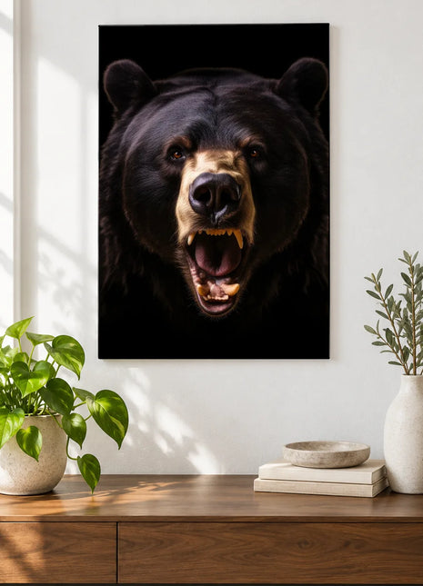 Bear artwork "Roar to the Point" shown as a frameless acrylic print above a walnut console against a white wall.