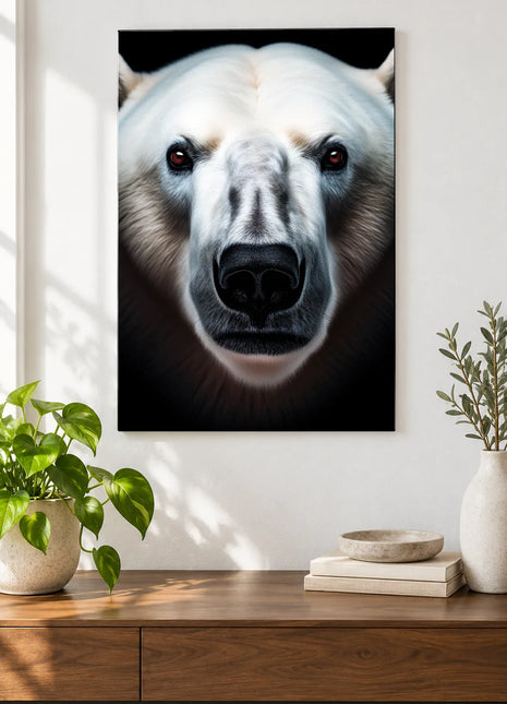 Bear artwork "Cold Nose, Warm Welcome" shown as a frameless acrylic print above a walnut console against a white wall.