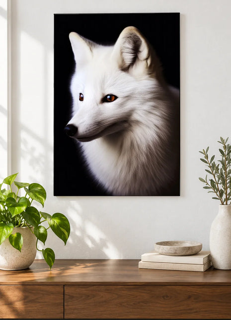 Fox artwork "A Whisker of Winter" shown as a frameless acrylic print above a walnut console against a white wall.