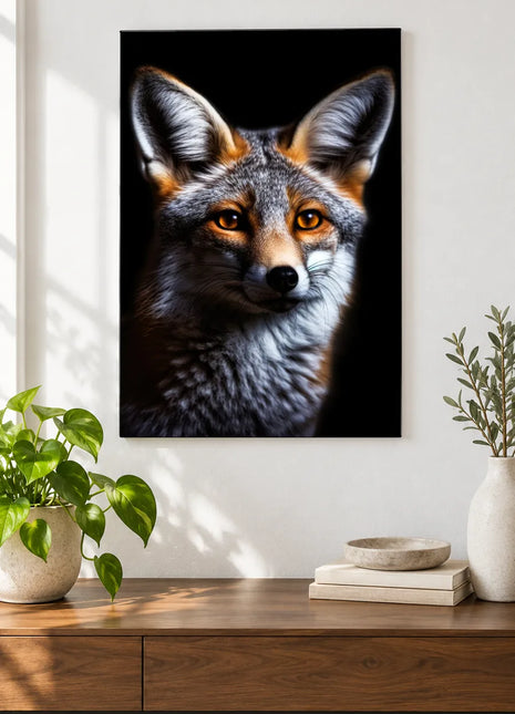 Fox artwork "Copper Cheeks, Clever Eyes" shown as a frameless acrylic print above a walnut console against a white wall.