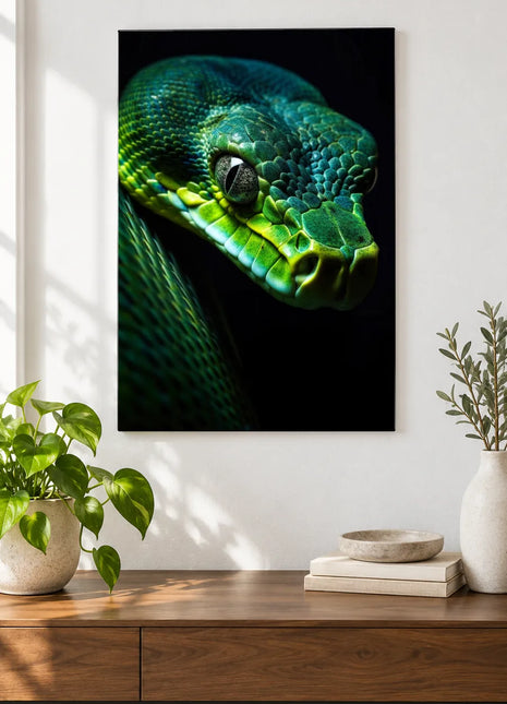 Snake artwork "Green with a Glimmer" shown as a frameless acrylic print above a walnut console against a white wall.