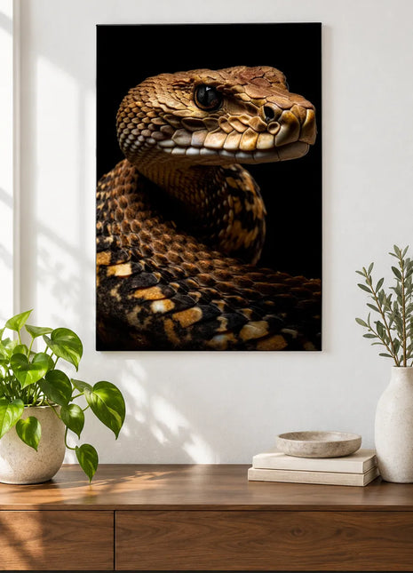 Snake artwork "Coil and Collected" shown as a frameless acrylic print above a walnut console against a white wall.