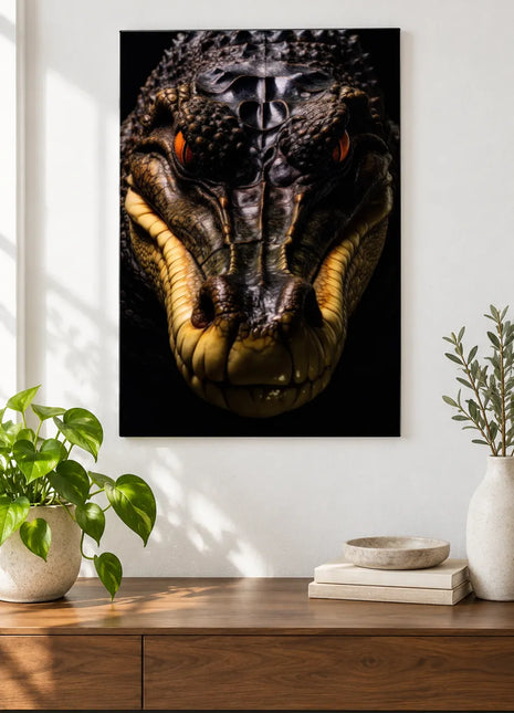Crocodilian artwork "Long Face, Sharp Look" shown as a frameless acrylic print above a walnut console against a white wall.