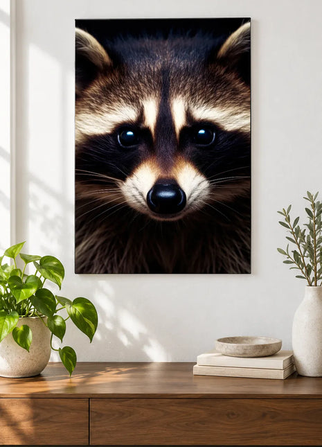 Raccoon artwork "Mask Appeal" shown as a frameless acrylic print above a walnut console against a white wall.