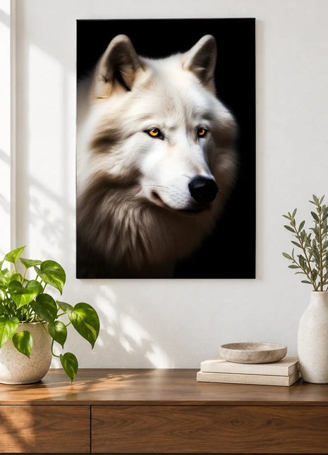 Wolf artwork "Snow Business" shown as a frameless acrylic print above a walnut console against a white wall.