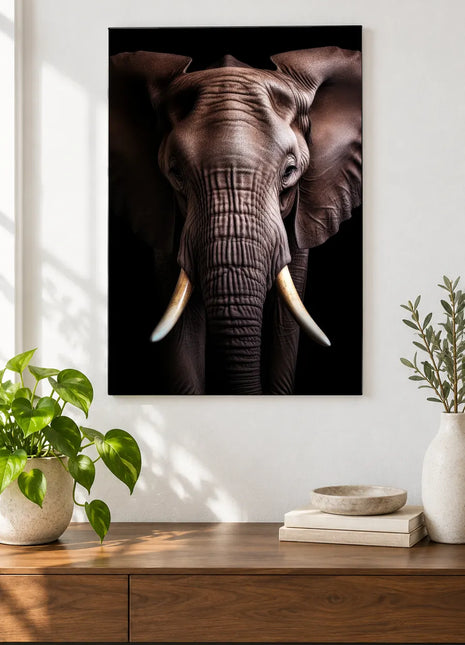 Tusks in the Shadows (Elephant), shown as frameless acrylic artwork above a walnut console against a white wall.