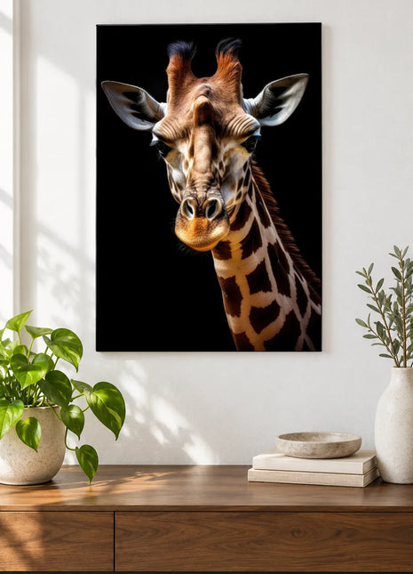 The Tall and the Tufted (Giraffe), shown as frameless acrylic artwork above a walnut console against a white wall.